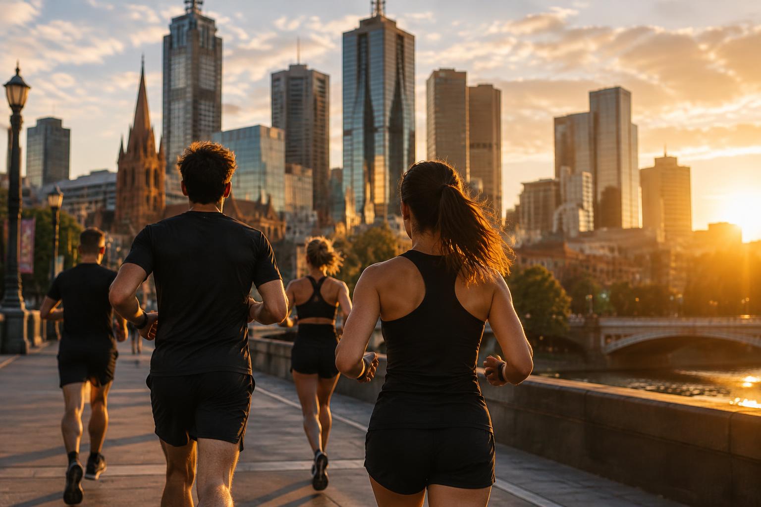 Runners heading into the Melbourne CBD at sunrise